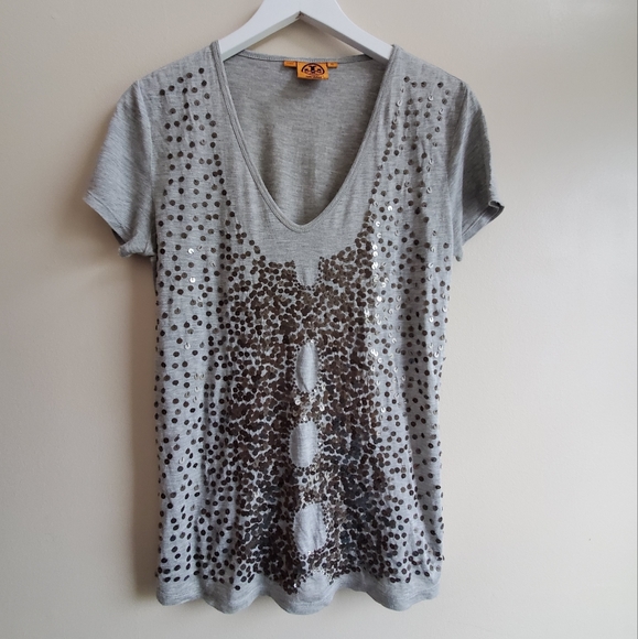 Tory Burch Heather Grey Tee short with embleshment XS super soft handfeel - Picture 1 of 8